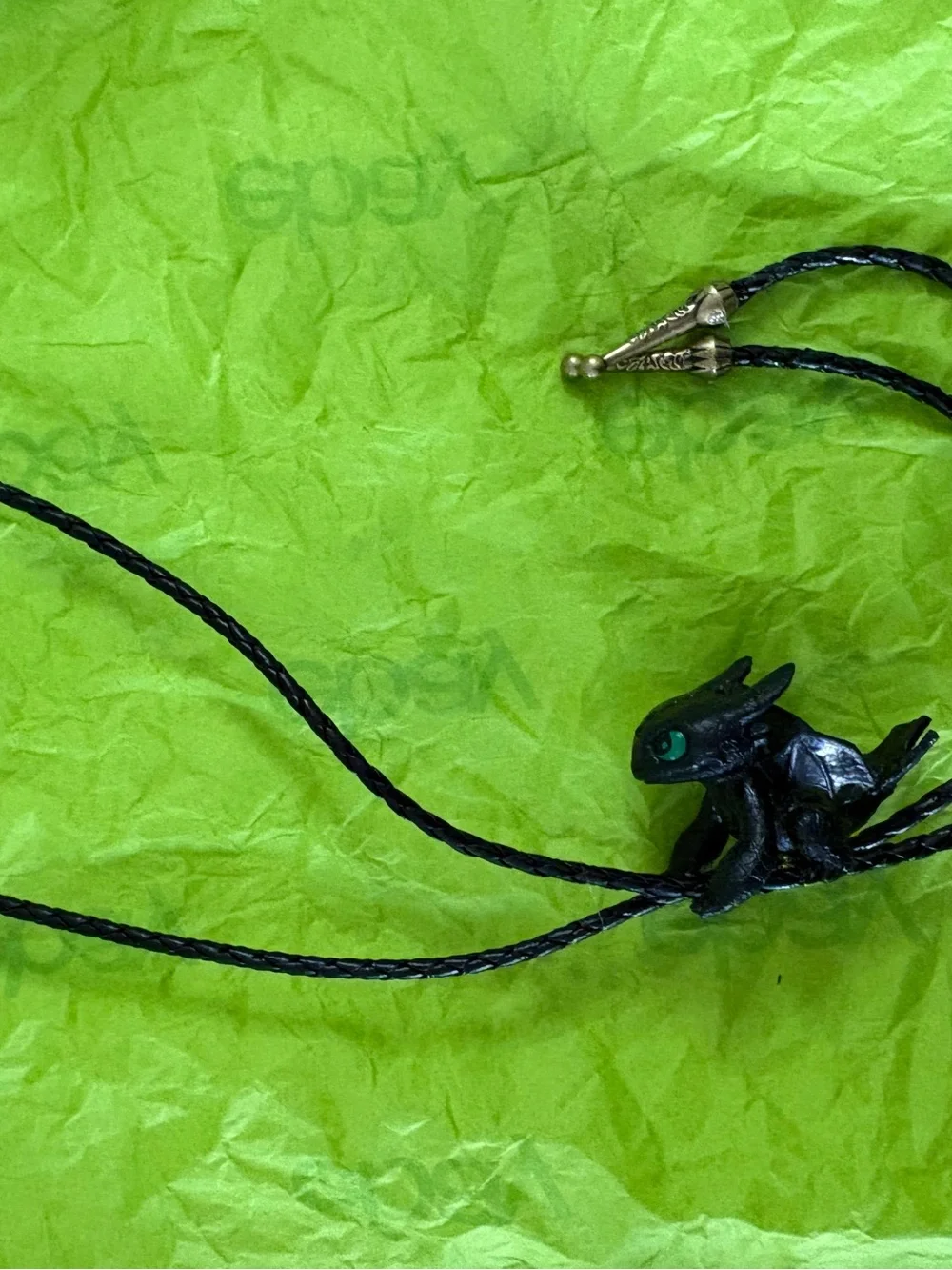 Black Dragon Pendant Bolo Tie with Green Eyes